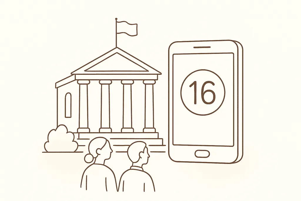 A government building with a phone and age-limit icon