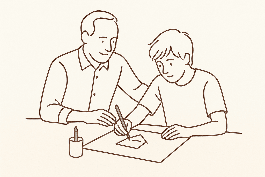 A mentor and teen working on a project together