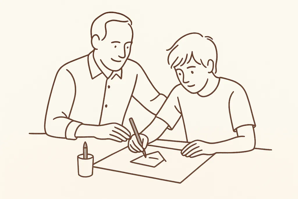 A mentor and teen working on a project together