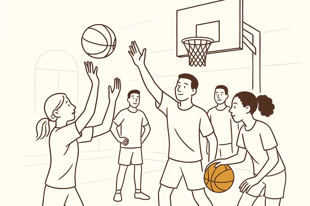 A group of teens playing basketball together in a community center