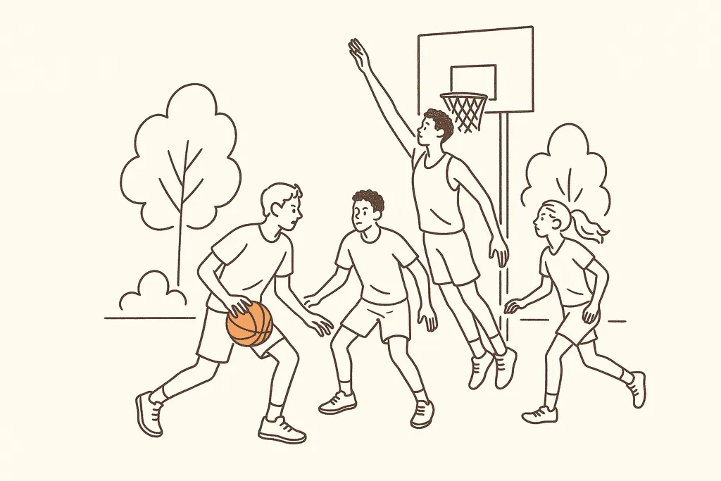 Teens playing a pickup basketball game outdoors