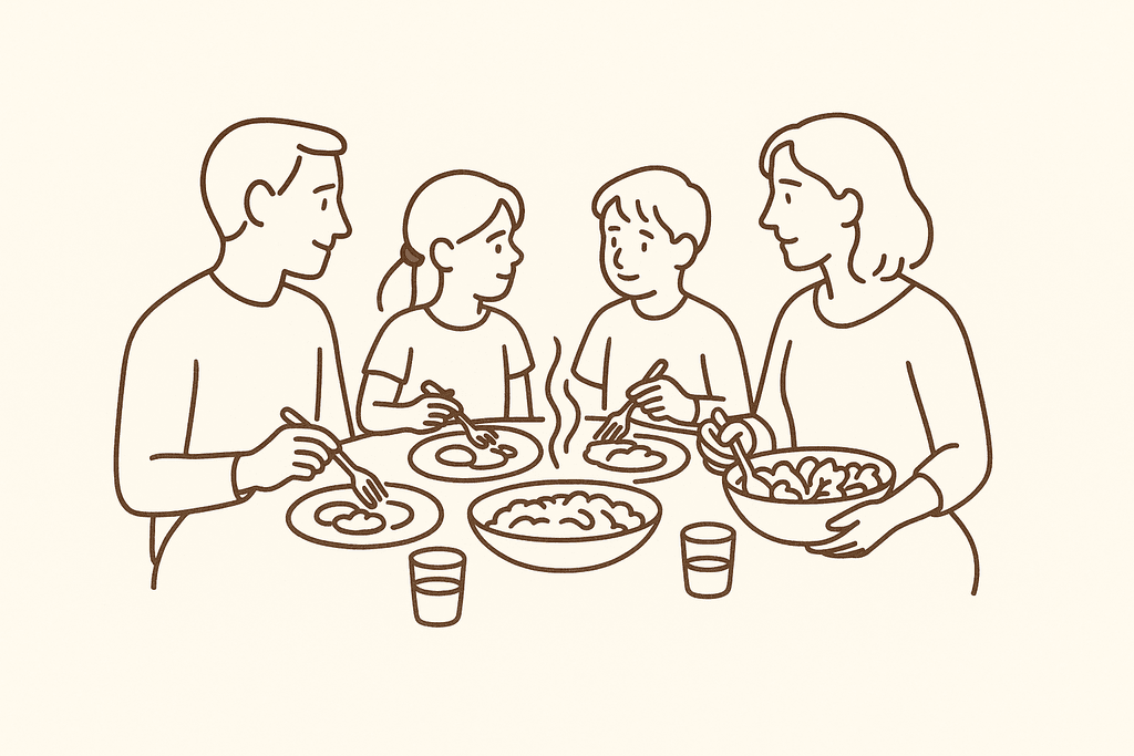 A family eating dinner together without phones