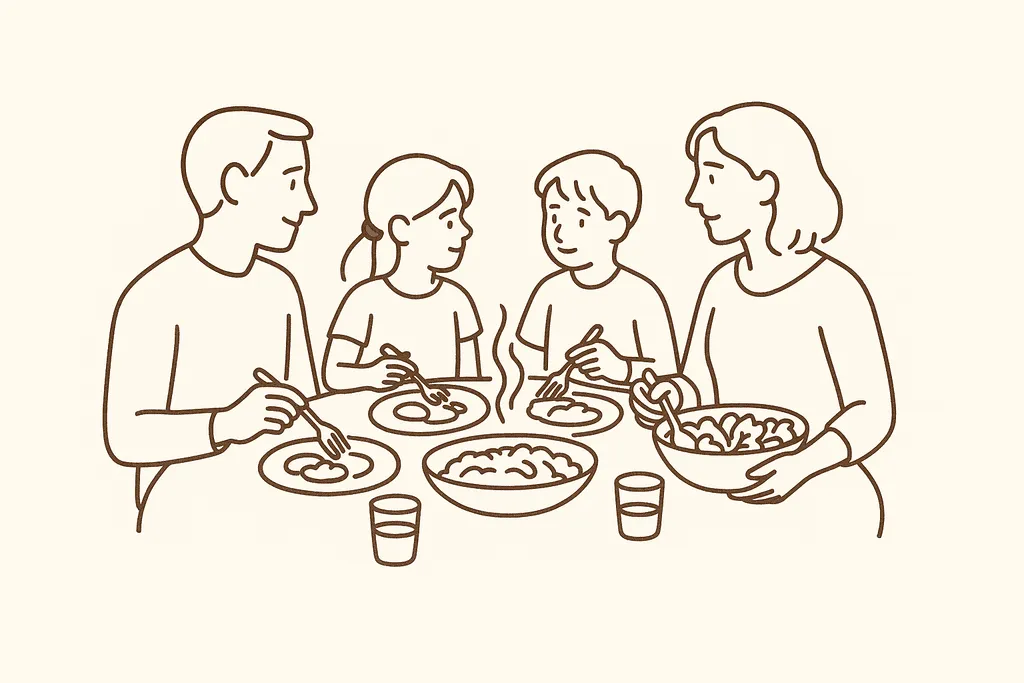 A family eating dinner together without phones