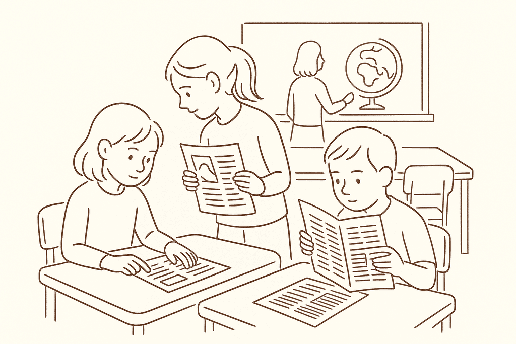 Students analyzing news articles in a classroom