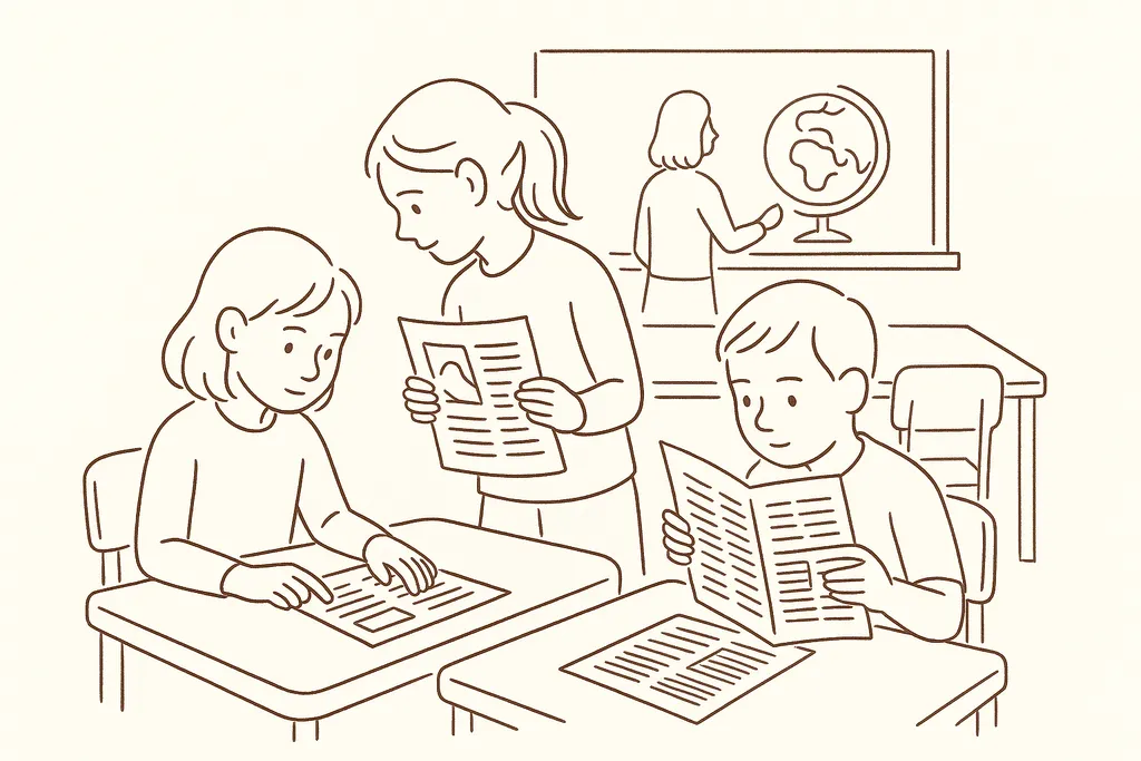 Students analyzing news articles in a classroom