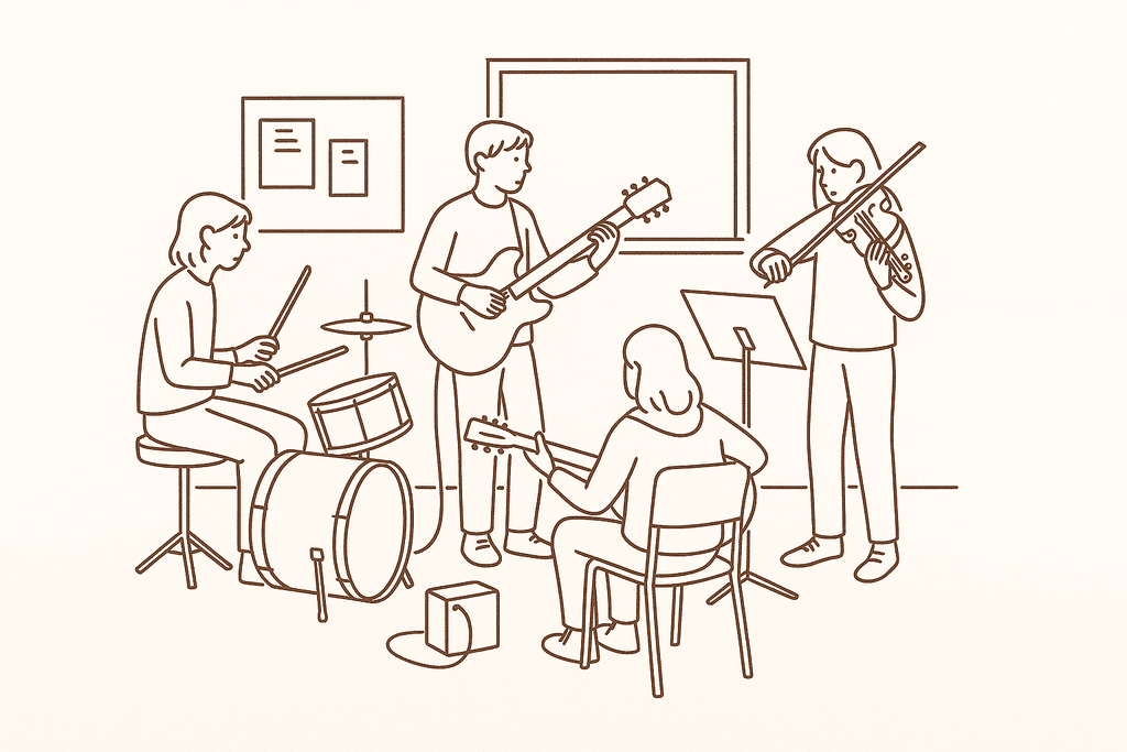 Teens rehearsing music together in a community center