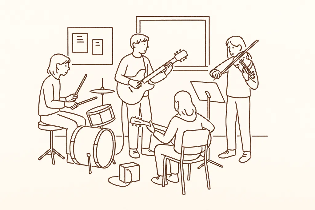 Teens rehearsing music together in a community center
