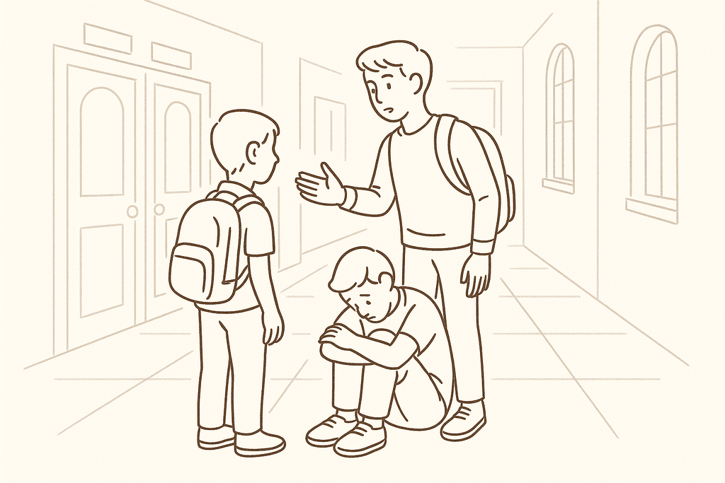 A student standing up for a classmate in a hallway