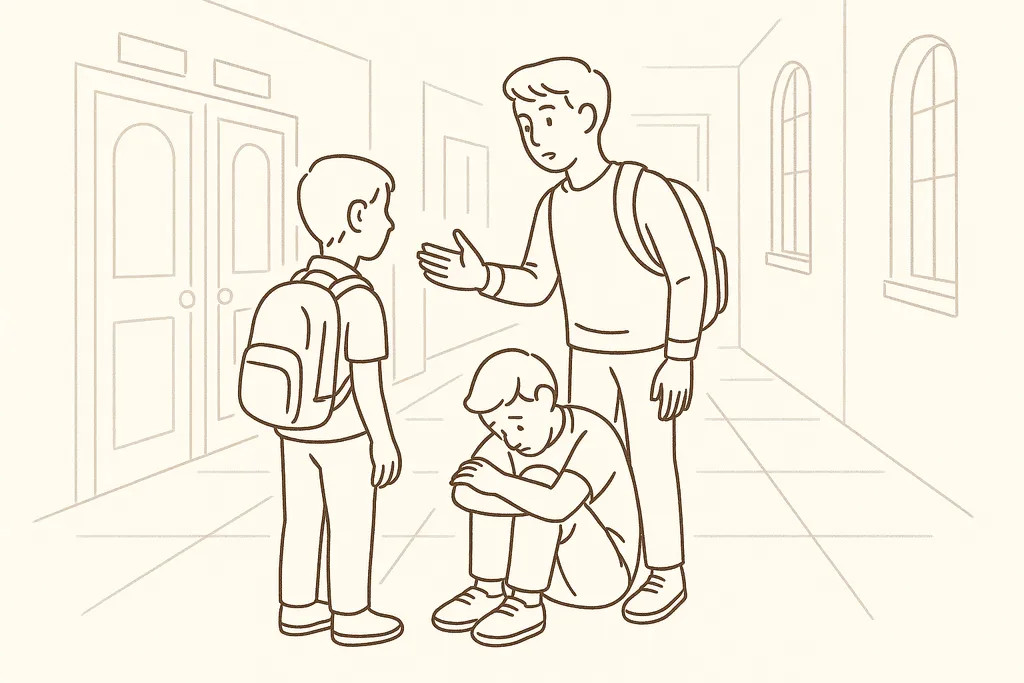 A student standing up for a classmate in a hallway