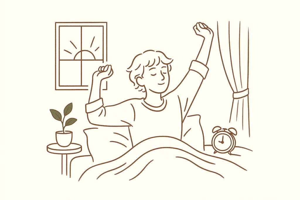 A teen waking up rested as morning light comes in
