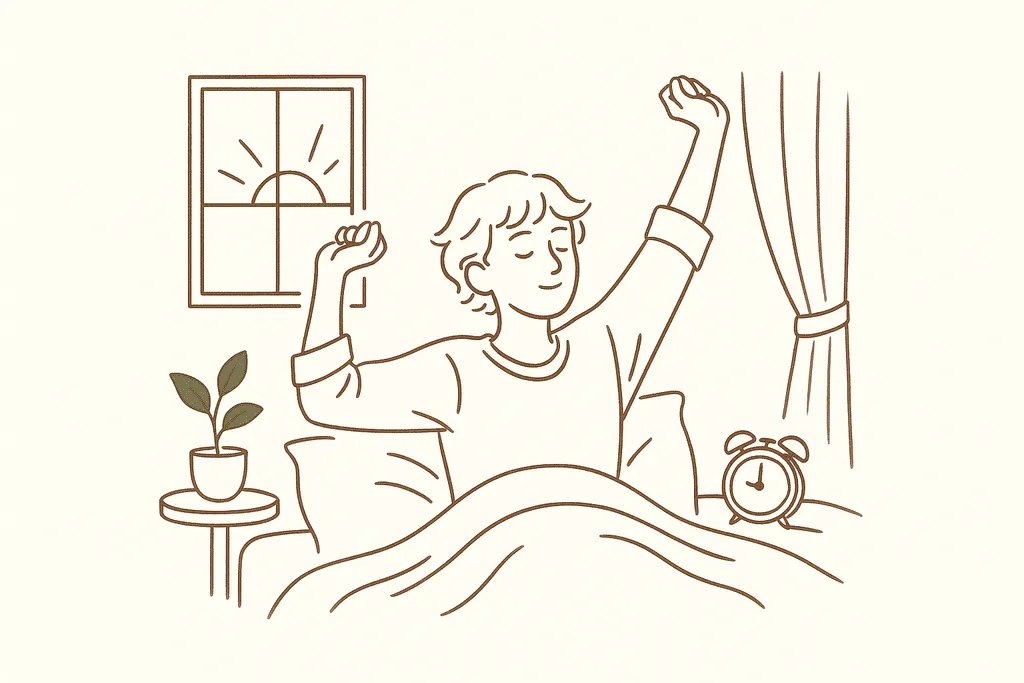 A teen waking up rested as morning light comes in