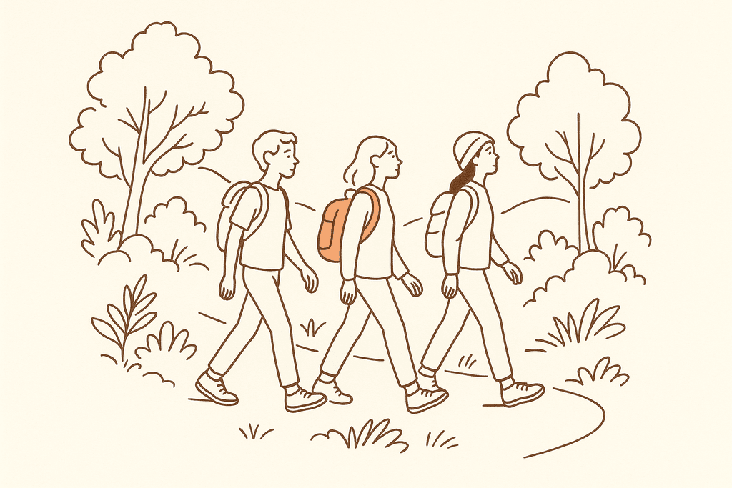 Teens hiking on a green trail together