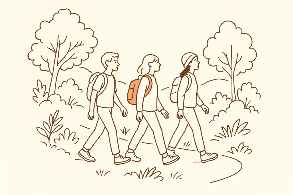Teens hiking on a green trail together