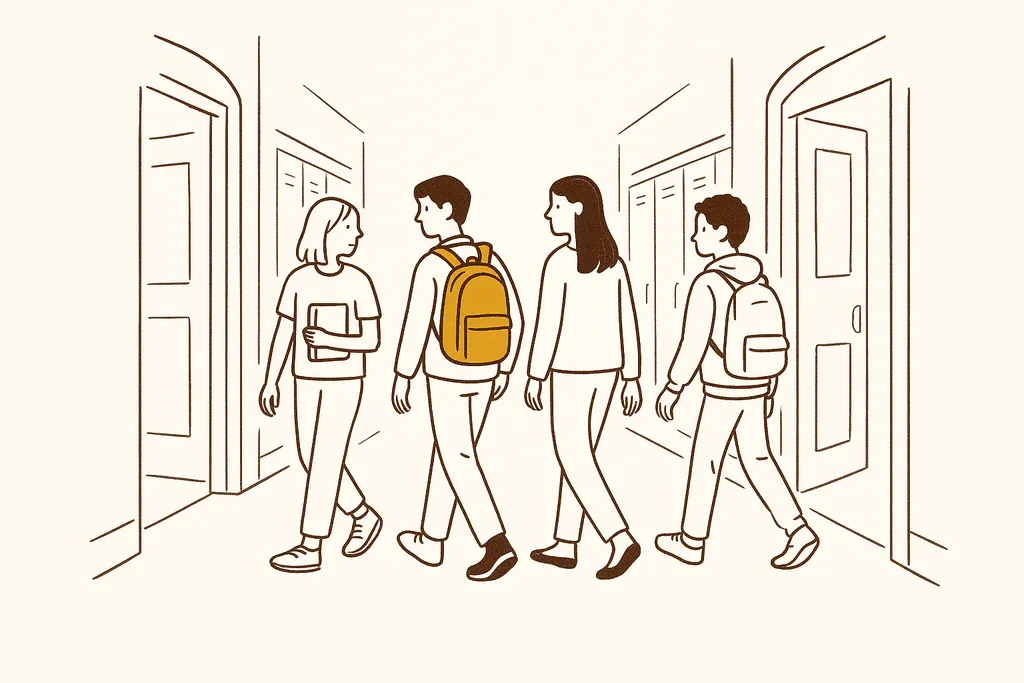 Students walking together calmly in a school hallway