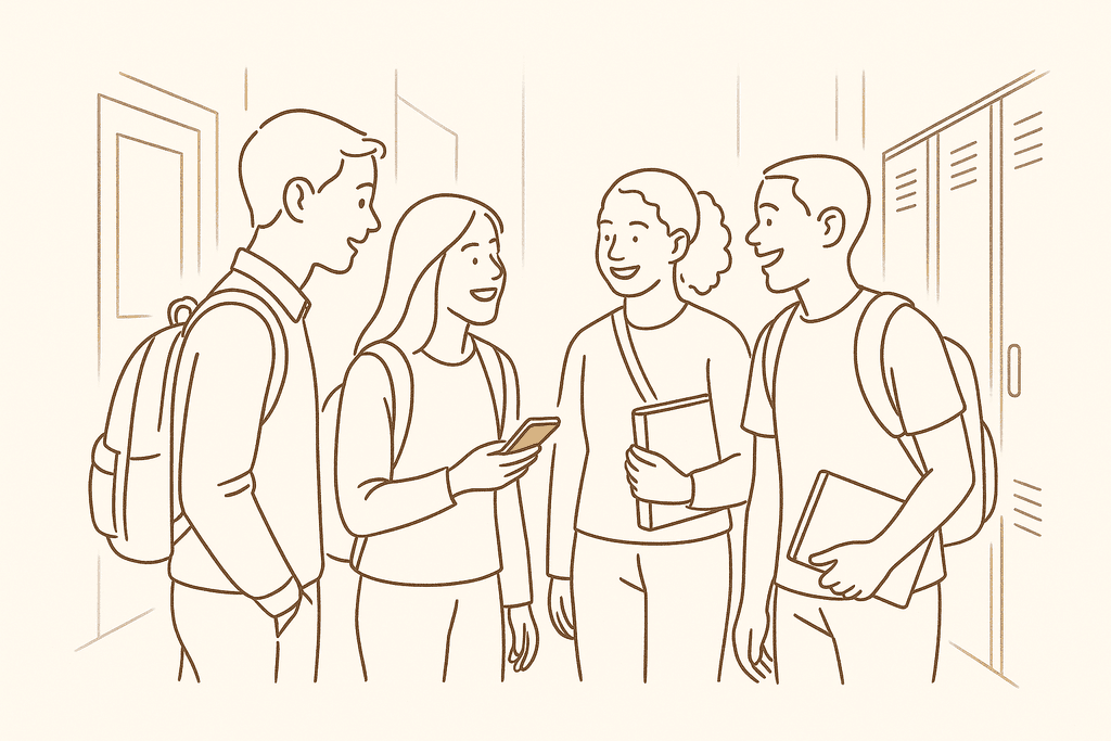 Students talking and laughing together in a school hallway