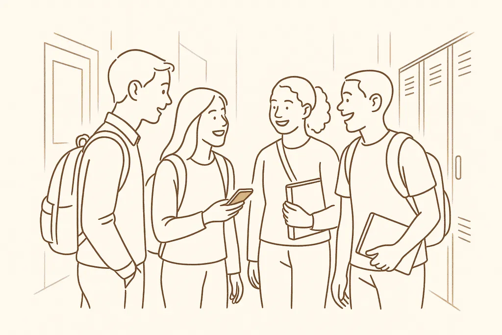Students talking and laughing together in a school hallway