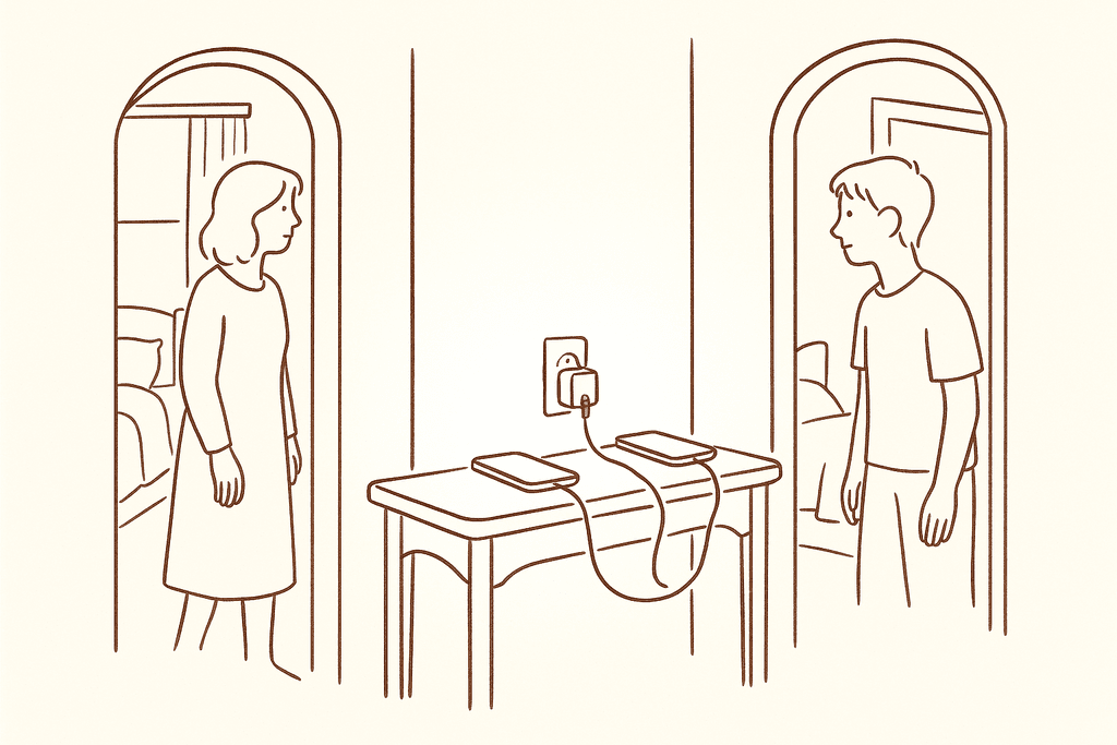 Phones charging on a hallway shelf away from bedrooms
