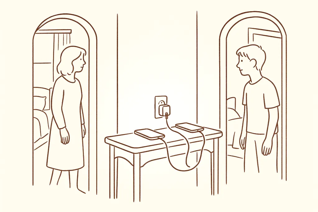 Phones charging on a hallway shelf away from bedrooms