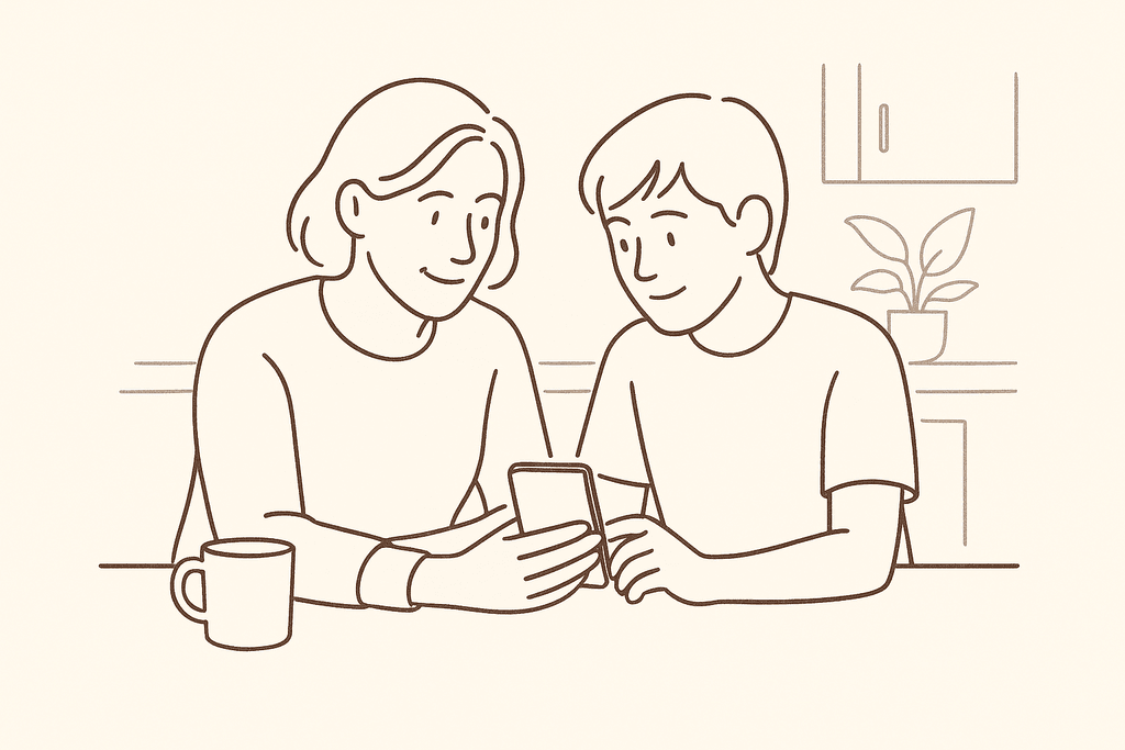 A parent and teen calmly looking at a phone together at a kitchen table