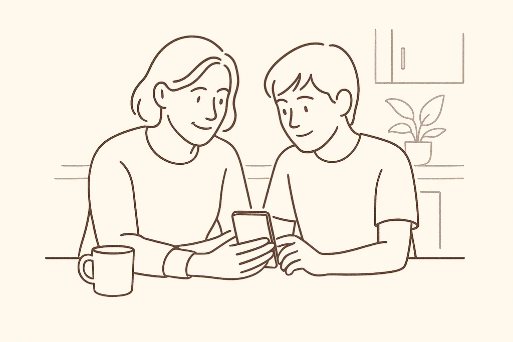 A parent and teen calmly looking at a phone together at a kitchen table