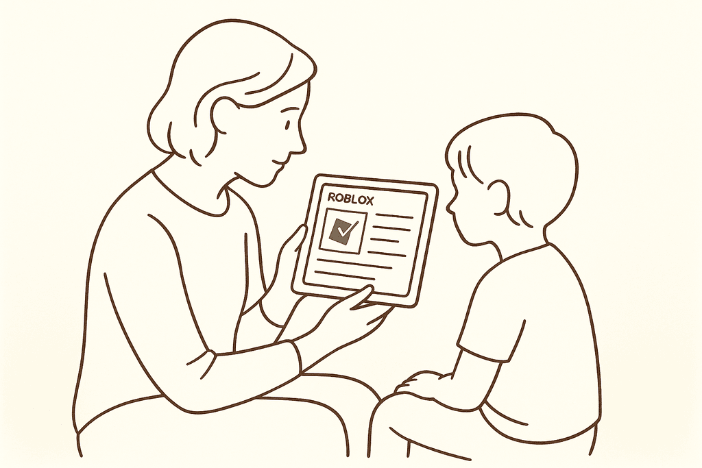 A parent and child looking at a tablet showing a Roblox parental controls dashboard