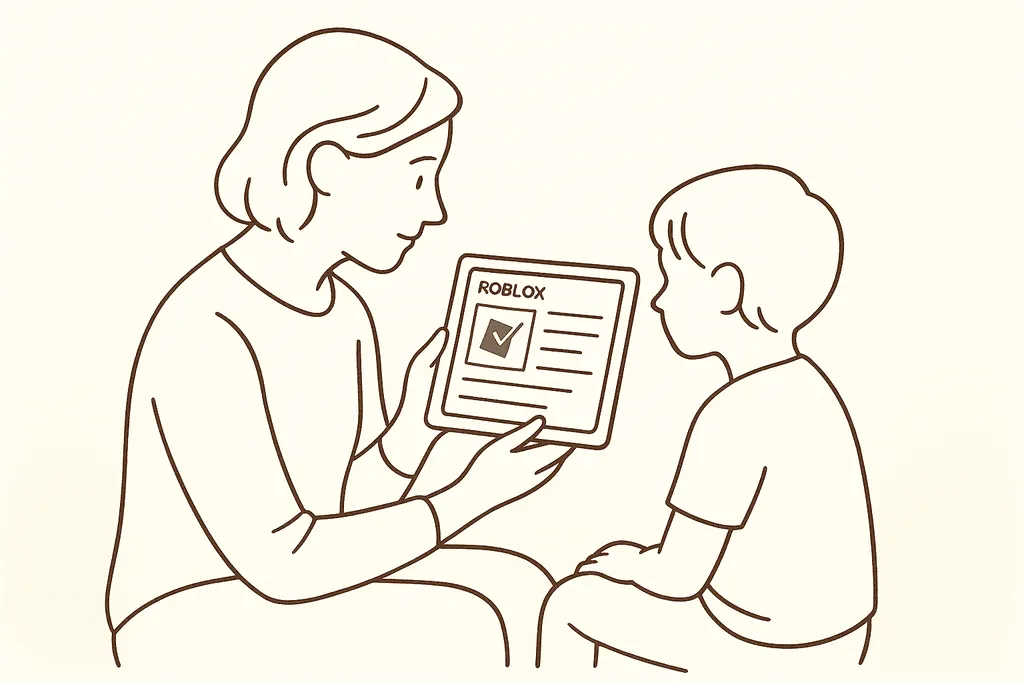 A parent and child looking at a tablet showing a Roblox parental controls dashboard