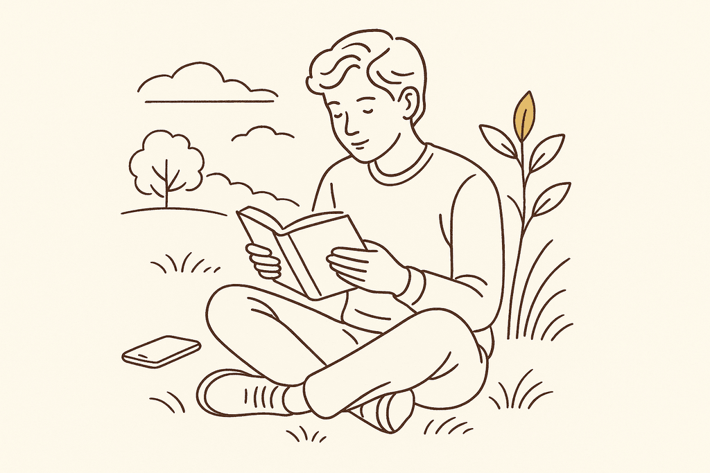 A teen reading a book outdoors with the phone set aside