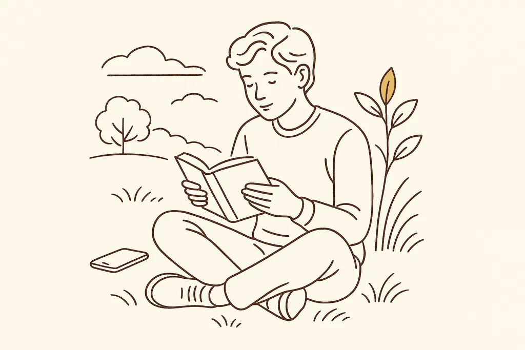 A teen reading a book outdoors with the phone set aside
