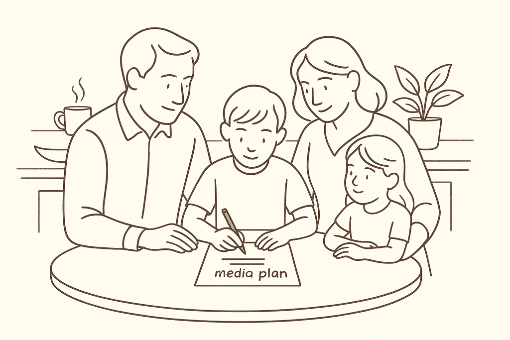 A family writing a media plan together at a kitchen table
