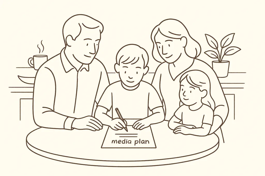 A family writing a media plan together at a kitchen table