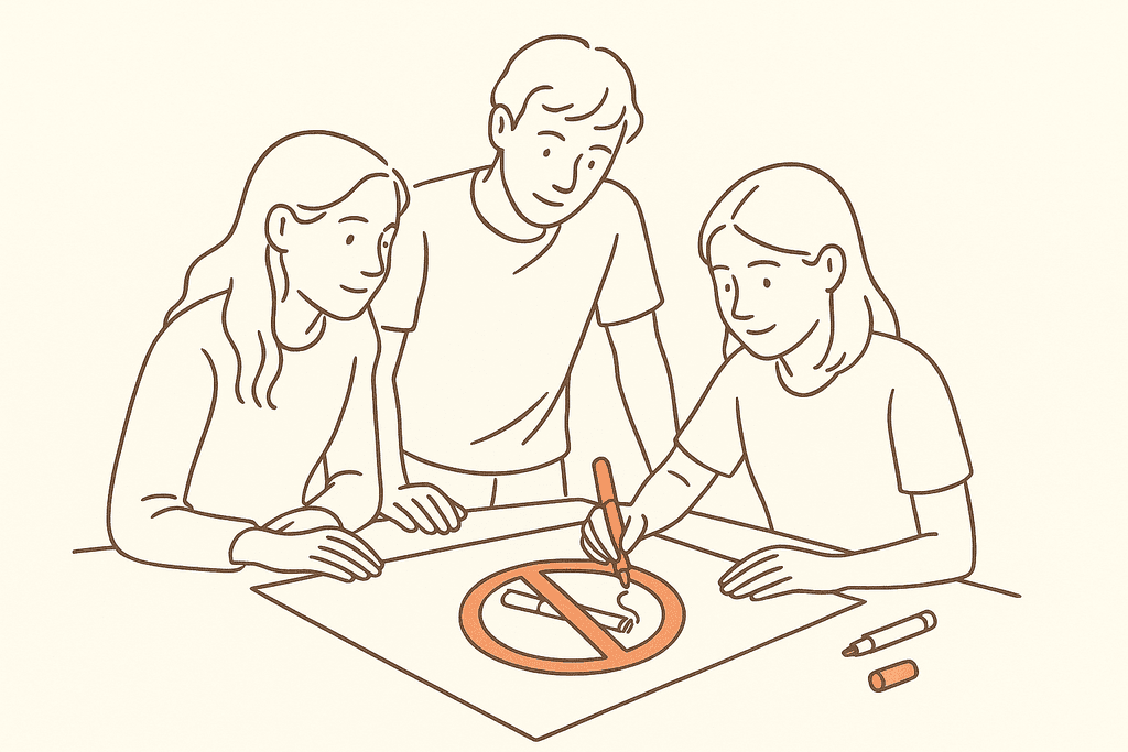 Teenagers collaborating on a public-health poster