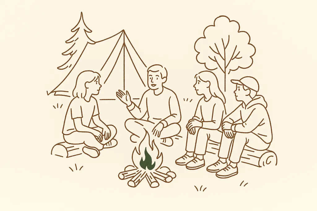Kids talking around a campfire at an outdoor camp
