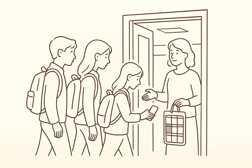 Students putting phones into a locked pouch as they enter a classroom