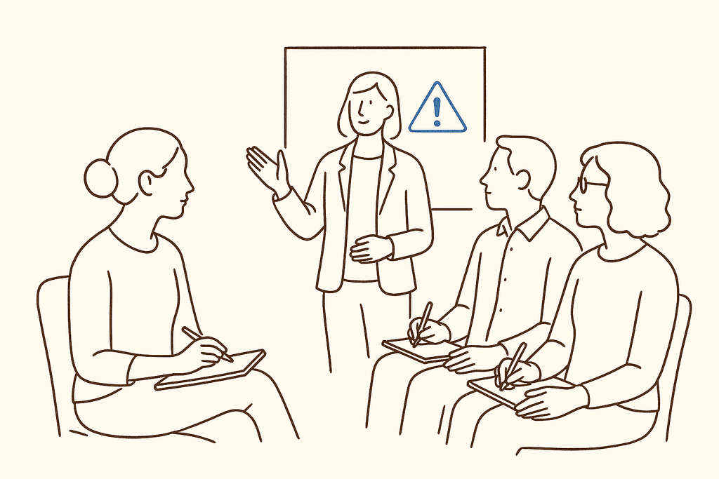 Adults in a training session taking notes