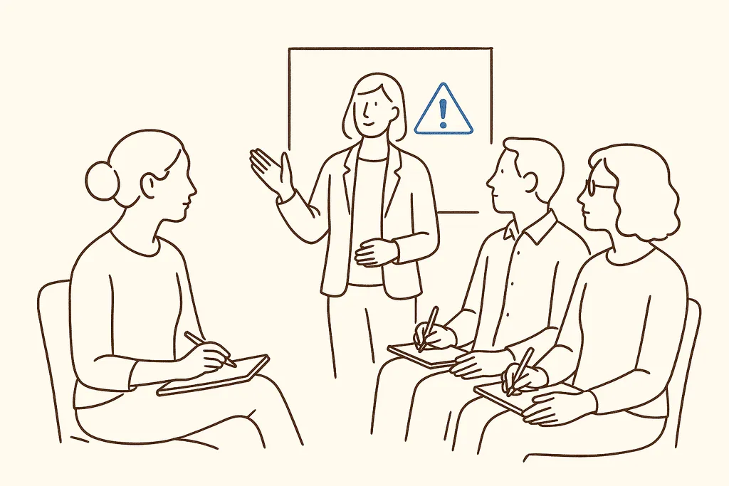 Adults in a training session taking notes