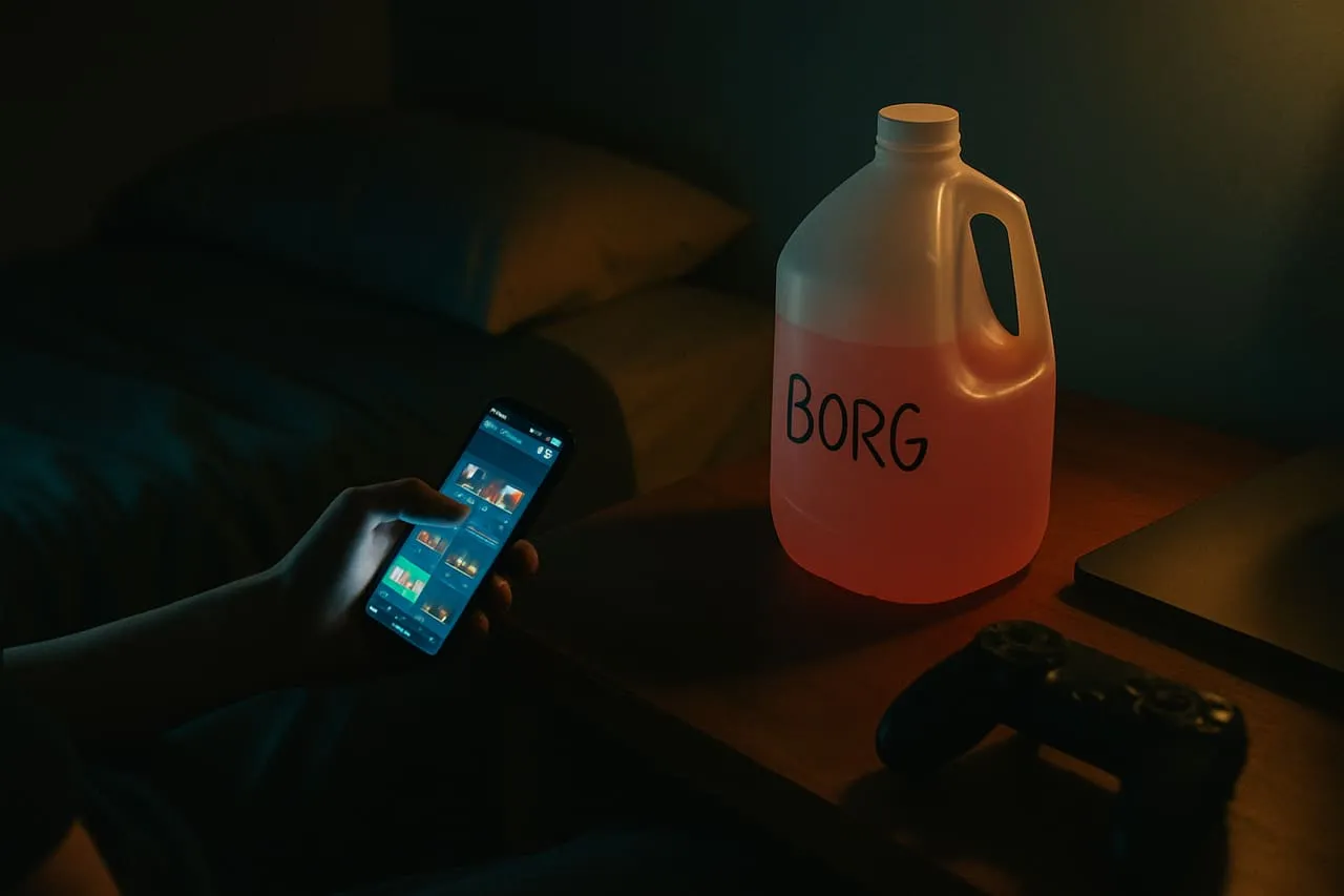 A gallon water jug with sharpie name marked 'Borg' on a kitchen counter