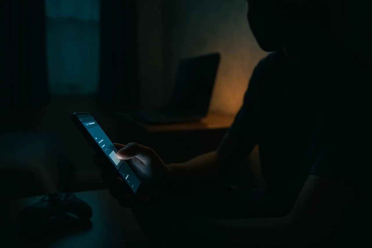 A Discord channel age-gate prompt over a teen's bedroom