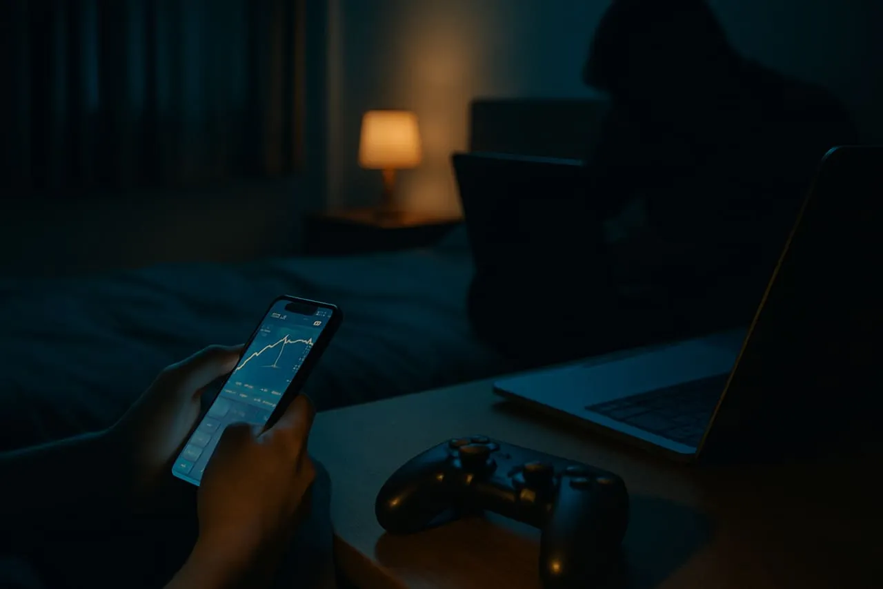 A teen looking at a brokerage app showing red losses on his phone