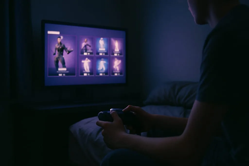 Stylized purple gaming controller and credit card on a desk