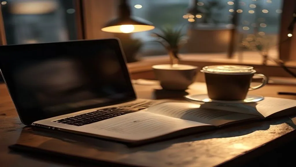 A laptop, an open notebook, and a cold coffee at a desk in late evening
