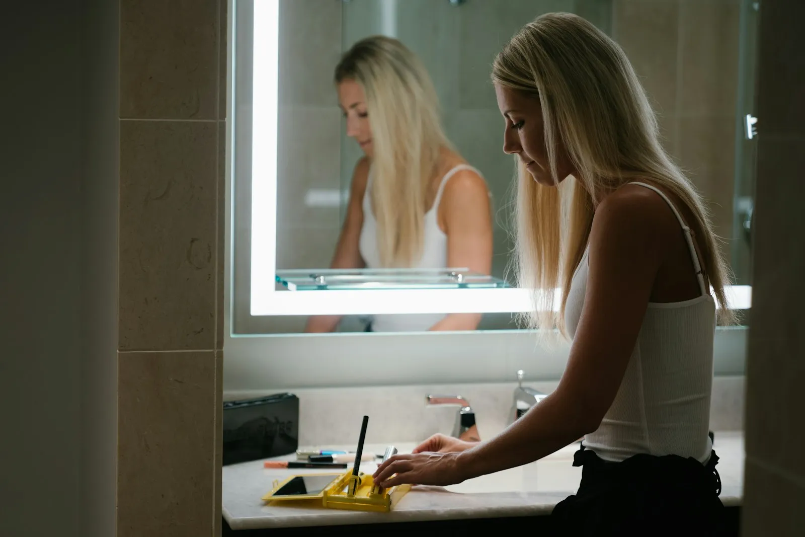 A close-up of a bathroom mirror