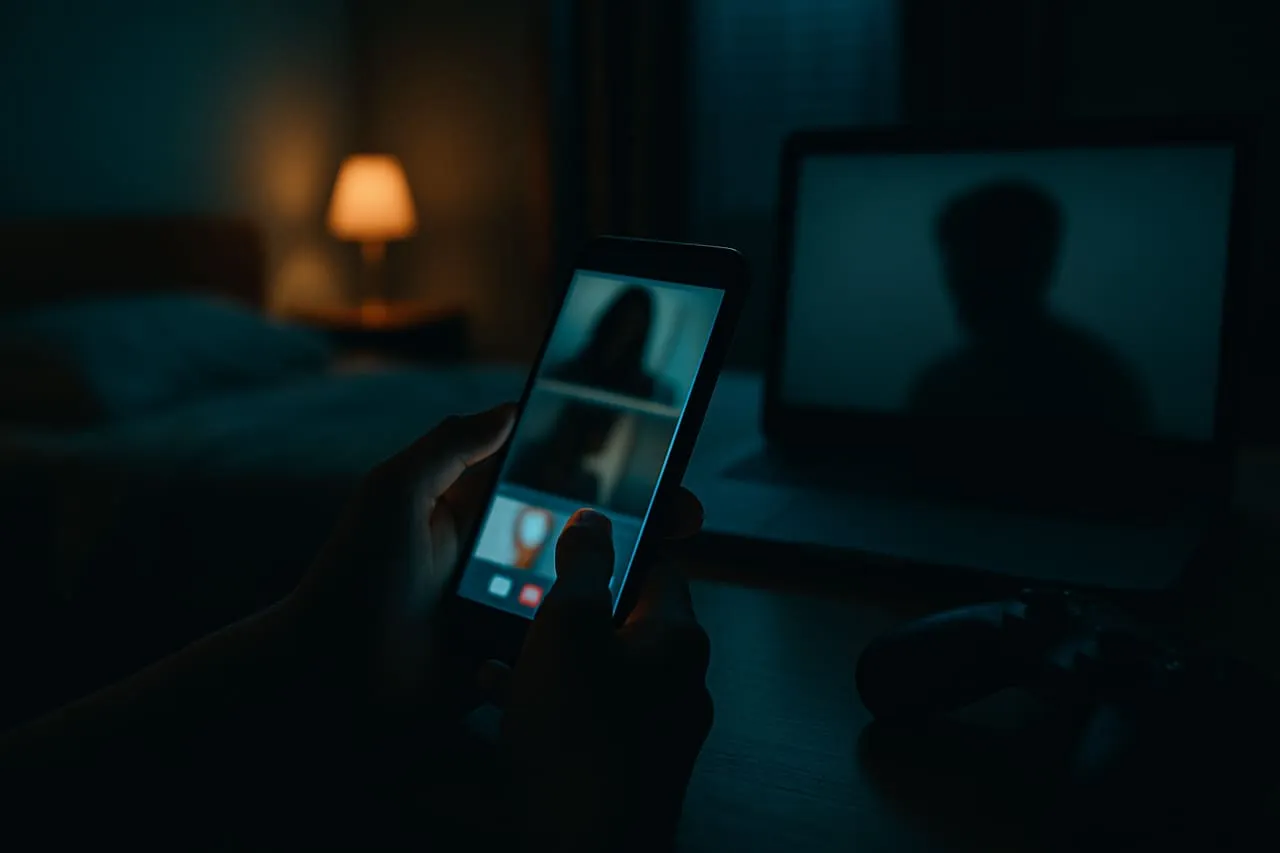 A pixelated stranger video chat window on a laptop