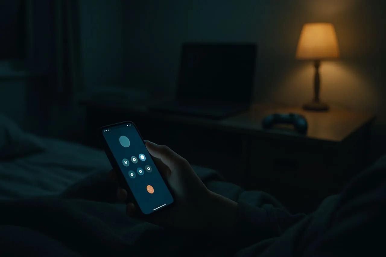 A child wearing a gaming headset, dim room, glowing screen