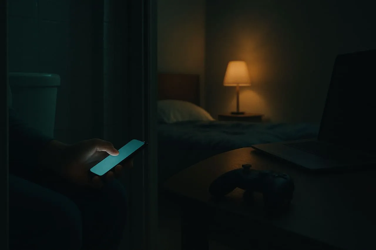 A glowing phone screen visible under a bathroom door