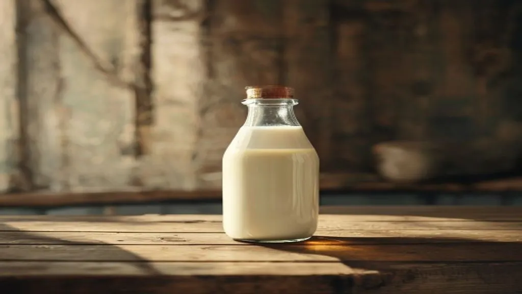 A glass bottle of milk on a wooden farmhouse counter