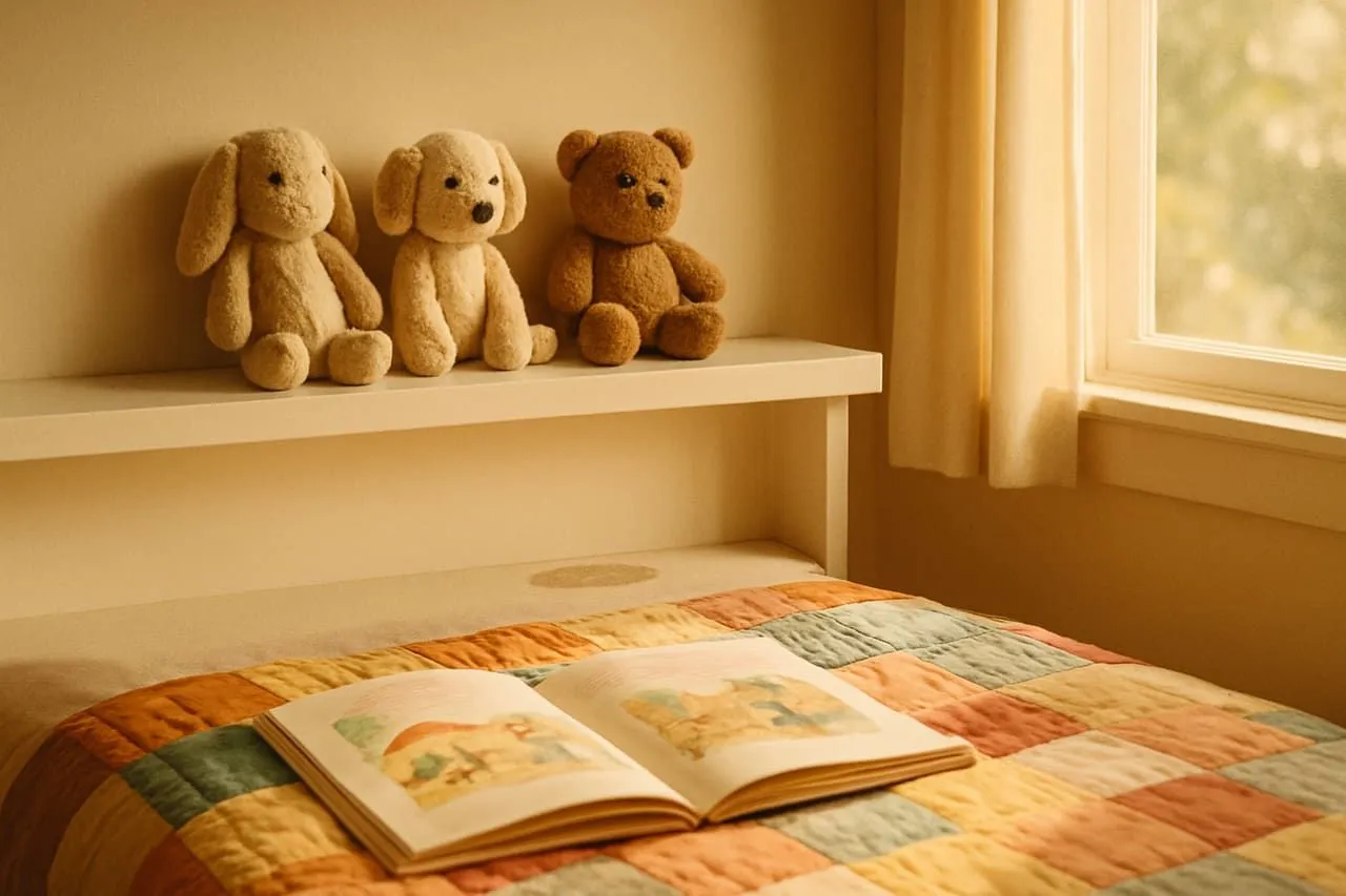 Three plush animals on a sunlit child's shelf — one missing
