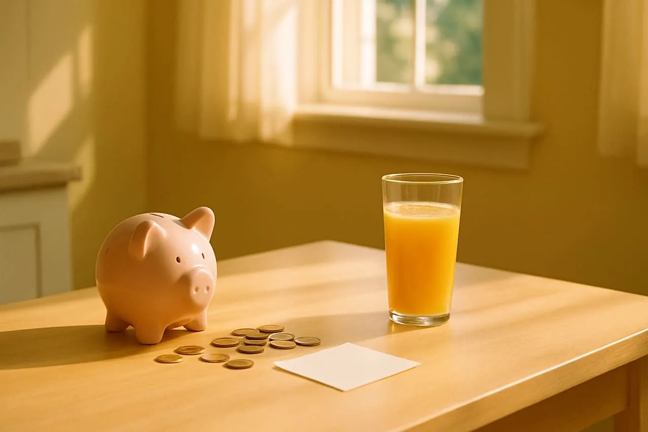 A kid's piggy bank tipped over on a sunny kitchen table
