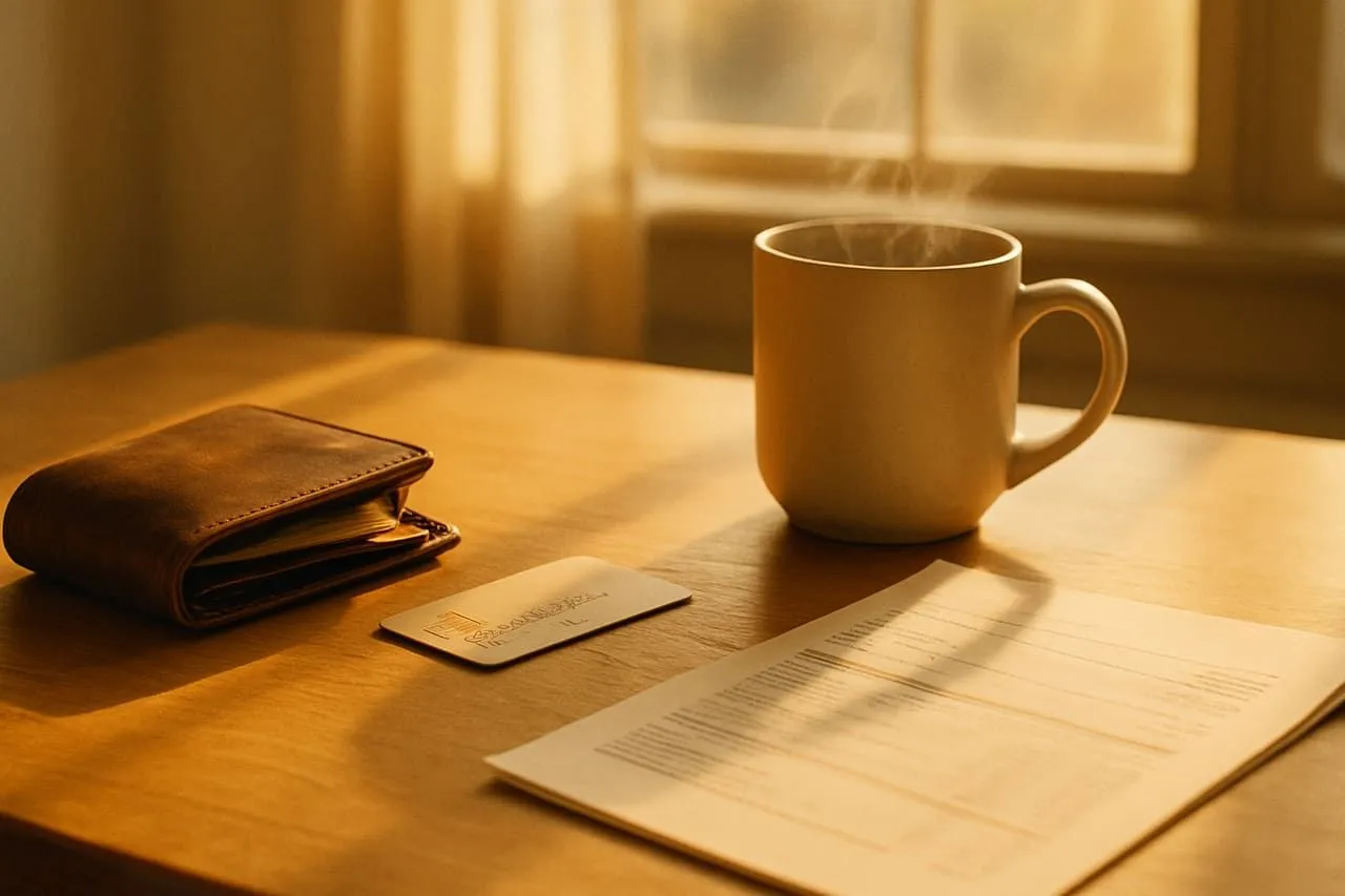 An open wallet and a monthly statement on a warmly-lit desk