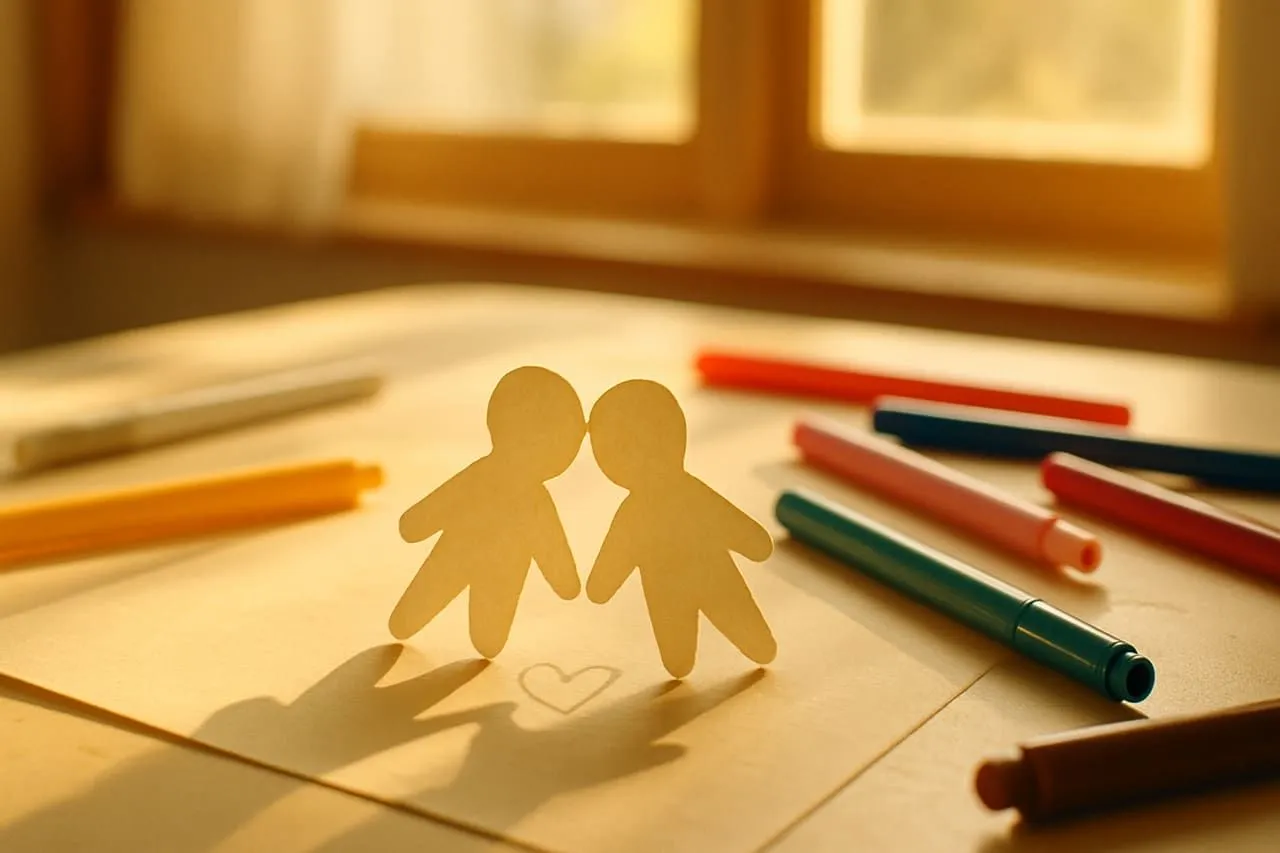 Two tiny paper dolls leaning together on a craft table