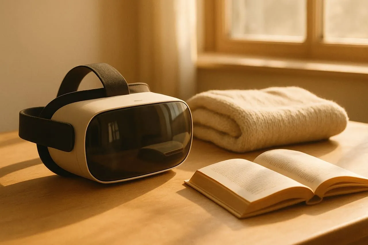 A VR headset and an open novel on a bright wooden table